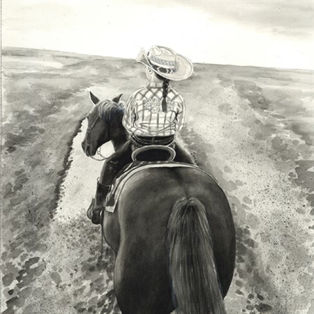Black and White Hand Painted Watercolor from A Photo of A Girl with Her Horse - myDaVinci